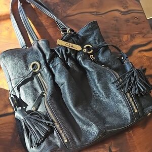 Cole Haan🔥 Black Large Pebbled Leather Shoulder HandBag Tote Tassels Cinch Top